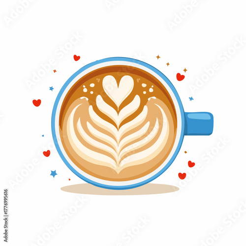 真上から見たコーヒーカップに入れられたコーヒーのラテアート  ベクターイラスト