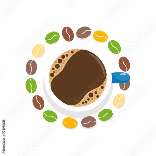 真上から見たコーヒーカップに入れられたコーヒーのベクターイラスト