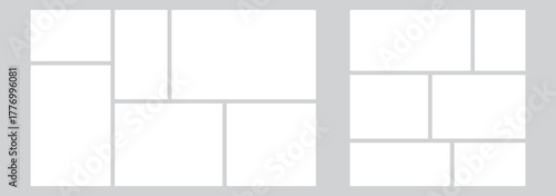 Template collage of six frames, photos, pictures, illustrations, images. Vector frame for picture, presentation. Simple collage with 6 parts for photo album. Modern minimalist mockup for photo White.