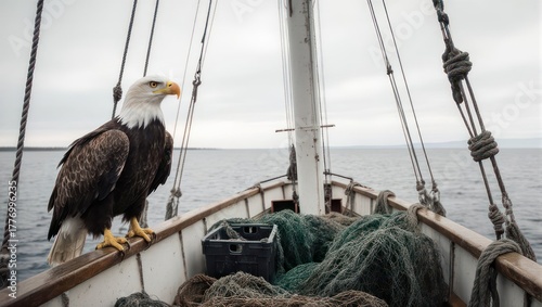 Bald Eagle Perched on Boat Railing Overlooking the Ocean.