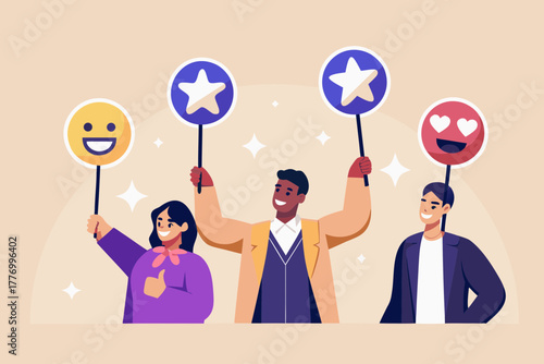 Diverse group of people holding up signs with positive emojis and stars for rating and feedback