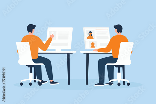 Two people sitting at desks looking at computer screens displaying profile information and resumes