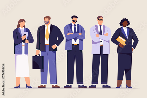 Diverse group of five professionals standing together in business attire representing teamwork and collaboration