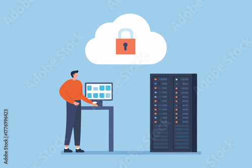 Man working on computer near server racks with cloud security icon above
