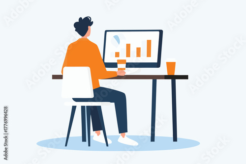 Man sitting at desk working on computer with financial charts and holding a coffee cup