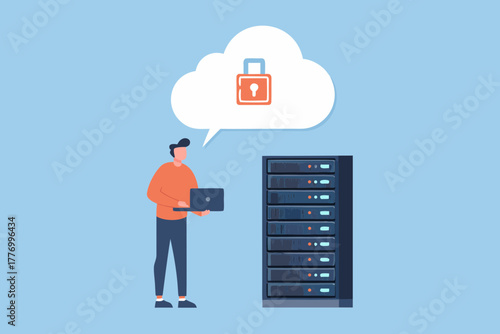 Man with laptop and server rack contemplating cloud security and data protection