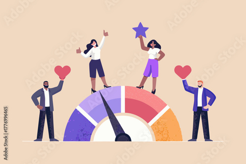 Diverse people with hearts and stars on a colorful gauge representing customer satisfaction and feedback