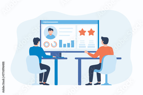 Two people collaborating and analyzing data on a computer screen with charts and ratings