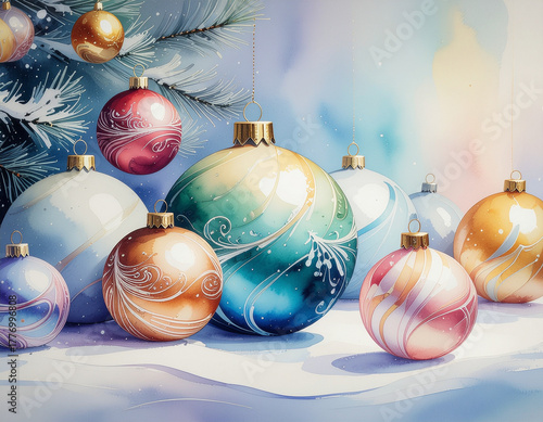 Painting of Beautiful Colorful Decorated Christmas Ornaments 111