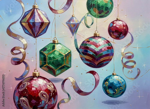 Painting of Beautiful Colorful Decorated Christmas Ornaments 106