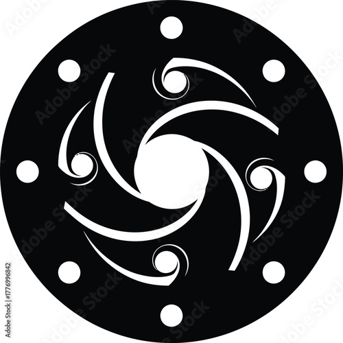 Abstract black and white vortex design with swirling shapes and circular elements elegant art deco illustration