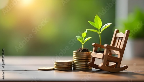 A wooden rocking chair decorated with coins and a flourishing plant, highlighting themes of financial freedom and investment