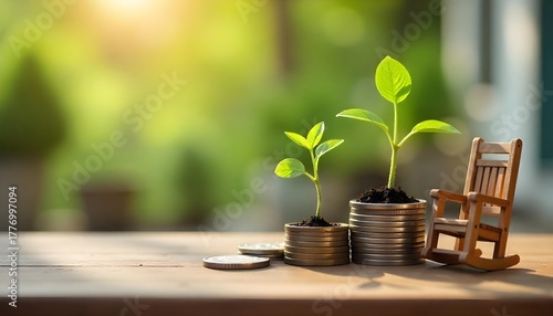 A wooden rocking chair with coins and a growing plant, illustrating the concept of wealth management and retirement planning