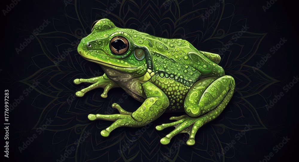 Fototapeta premium Detailed illustration of a vibrant green amphibian rests against a dark background featuring a subtle pattern