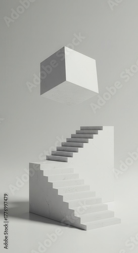 Minimalist composition featuring a white floating cube above a geometric staircase structure