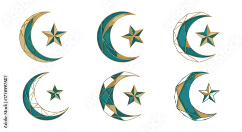 Set of Geometric Islamic Crescent Moon and Star Icons with Modern Teal and Gold Design