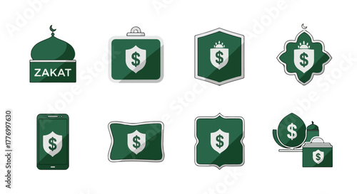 Islamic Finance Icons Zakat Charity Donation Halal Investment Financial Security Shields Mosque Dollar Sign Vector Collection