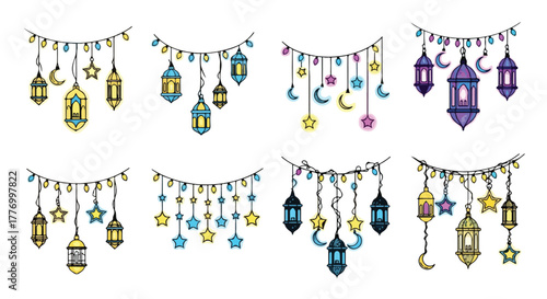 Ramadan Decorations Festive String Lights Lanterns Stars and Crescent Moons Islamic Holiday Celebration Elements
