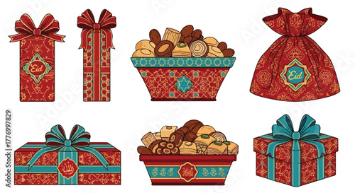 Eid Celebration Collection Traditional Gifts Sweets and Gift Bag in Festive Red and Gold