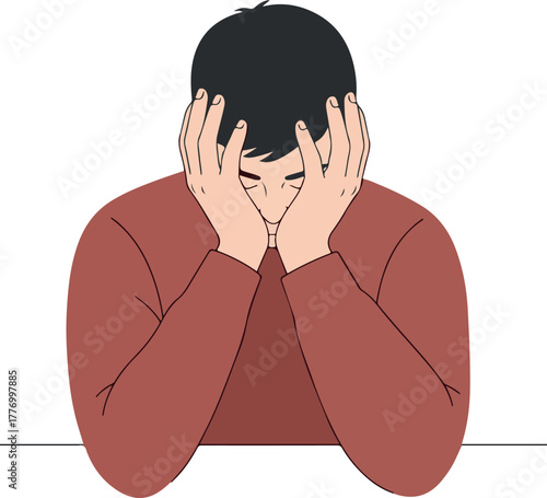 Man distressed with hands on face in maroon sweater flat design