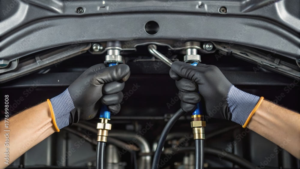 Obraz premium Hands in gloves connect hoses under a car hood, showcasing automotive repair or maintenance work in a detailed close-up.