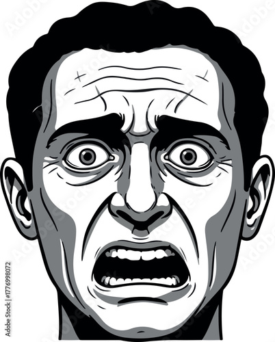 Man Face Shocked Expression Vector Art Grayscale
