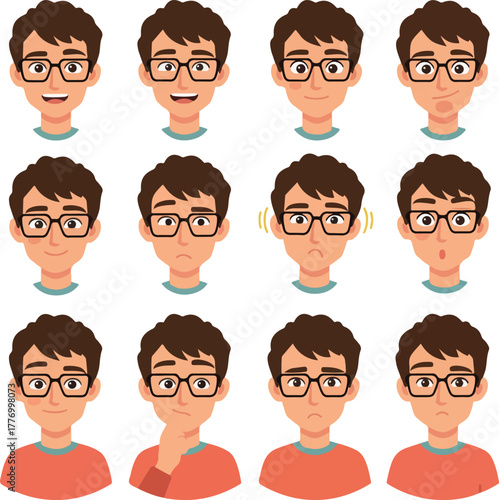 Man Face Expressions Icons Set Casual Outfit Glasses Gray Teal