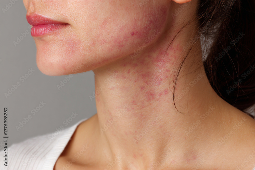 Obraz premium Woman with rosacea on face and neck, showing redness and skin inflammation
