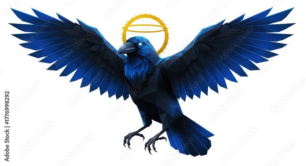 Fototapeta premium Stylized dark blue bird with outstretched wings hovers against a pure white background featuring a golden circular emblem