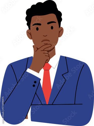 Man In Blue Suit Red Tie Thinking Pose Flat Illustration