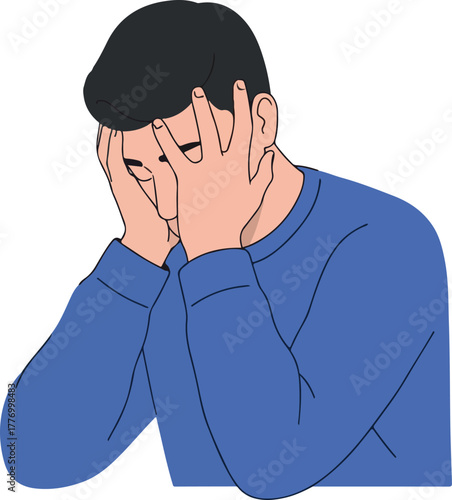 Man In Blue Sweater Holds Head In Distress