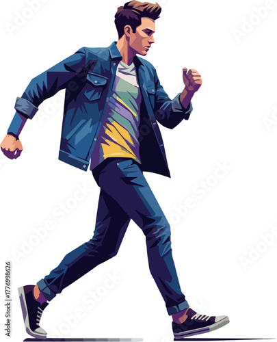 Man In Denim Jacket And Jeans Walking Pixel Art Style
