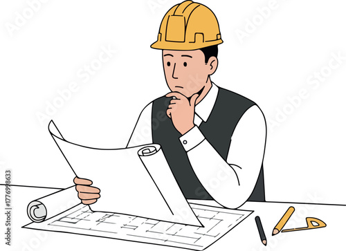 Man In Hard Hat Reviews Blueprints With Pencil And Rolled Plans