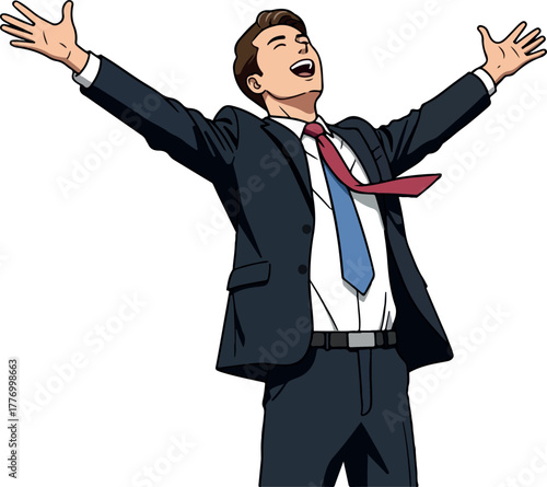 Man in Suit Arms Outstretched Cheerful White Background Flat Design