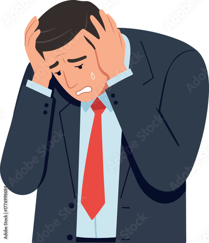 Man In Suit Holds Head In Despair Red Tie White Shirt Dark Blue Jacket Isolated