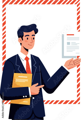 Man In Suit With Red Tie Holding Folders Pointing At Document