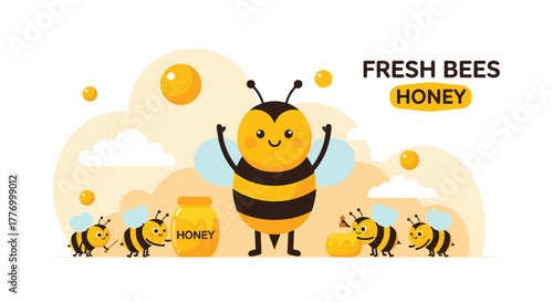 Cute cartoon bees and a pot of honey against a soft yellow background with clouds and yellow spheres.