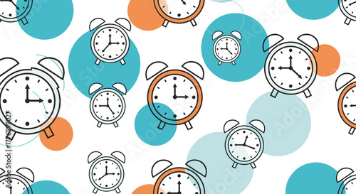 Retro alarm clocks and colorful circles create a fun and busy background pattern.