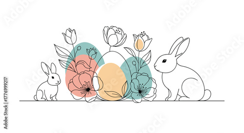 Whimsical Easter illustration featuring bunnies, decorated eggs, and floral elements with soft pastel colors.