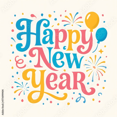Bold 2026 Happy New Year Typography with Balloons, Fireworks, and Stars