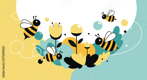 Cute bees flying around yellow flowers and blue foliage on a split yellow and blue background.