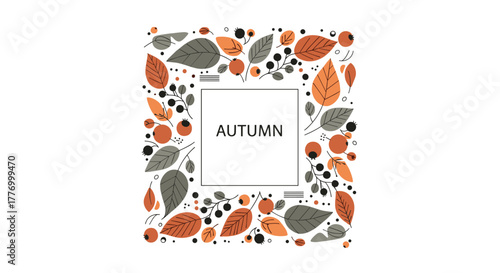 Autumn-themed border with leaves and berries framing the word autumn.