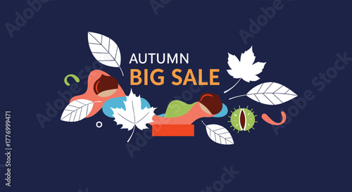 Autumn big sale banner with stylized leaves and chestnuts on a dark blue background.