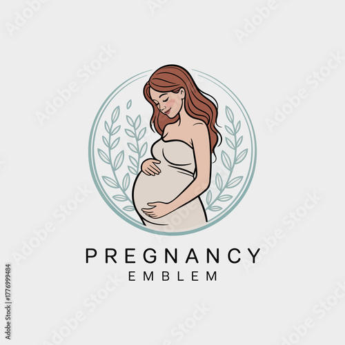 A serene emblem of a pregnant woman cradling her baby bump, symbolizing motherhood, love, and the journey of pregnancy surrounded by soft leaves in a modern design.