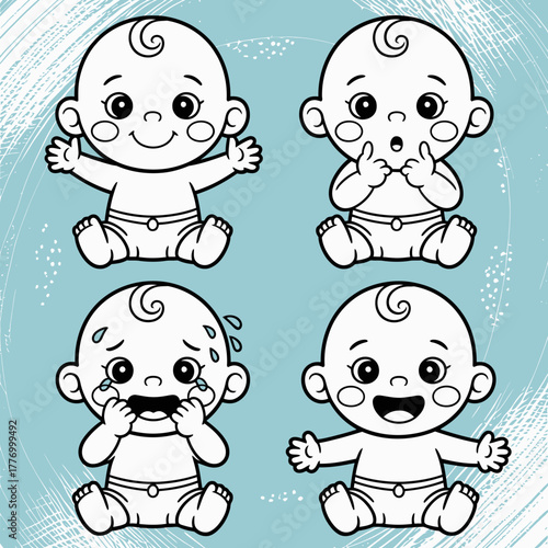 This endearing illustration features four expressive babies, each demonstrating a different emotion such as happiness, contemplation, sadness, and joy, captured beautifully in art.