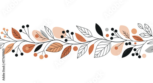 Autumnal branch with leaves, berries, and abstract shapes on a white background.