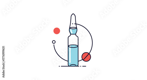 Illustration of a blue liquid filled ampoule with decorative red and white circles and lines.