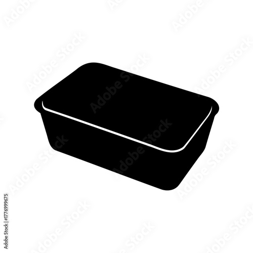 Black rectangular plastic food container with white outline on white background