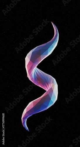 Low poly abstract shape spirals upward against a dark starry background