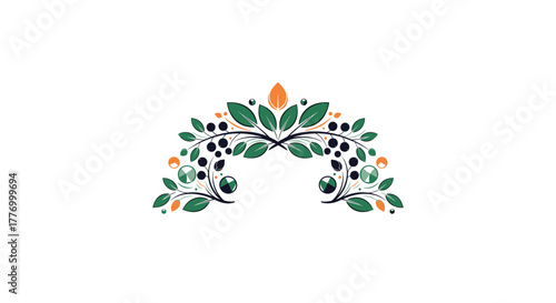 Decorative botanical arch with leaves, berries, and faceted gems in green, orange, and dark blue.